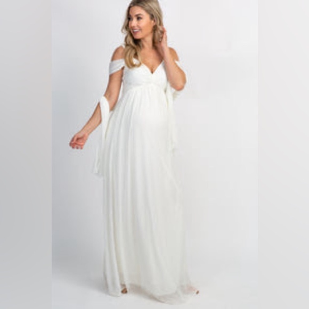 NWT Pinkblush White Chiffon Cold Shoulder Maternity Evening Gown | Sz XL